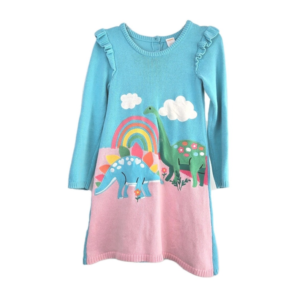 Gymboree Girls Dinosaur Long Sleeve Rainbow Blue Sweater Dress Size 7 Cotton